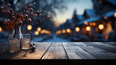 Winter xmas background with empty space on table top in front. Christmas horizontal blank scene. Wooden table top in front, blurred Christmas tree in the snow. Snowy sceneの素材