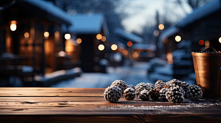 Winter xmas background with empty space on table top in front. Christmas horizontal blank scene. Wooden table top in front, blurred Christmas tree in the snow. Snowy sceneの素材