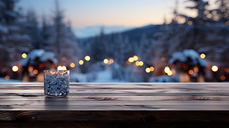 Winter xmas background with empty space on table top in front. Christmas horizontal blank scene. Wooden table top in front, blurred Christmas tree in the snow. Snowy sceneの素材