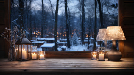 Winter xmas background with empty space on table top in front. Christmas horizontal blank scene. Wooden table top in front, blurred Christmas tree in the snow. Snowy sceneの素材