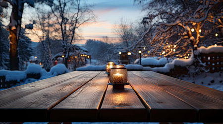Winter xmas background with empty space on table top in front. Christmas horizontal blank scene. Wooden table top in front, blurred Christmas tree in the snow. Snowy sceneの素材