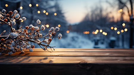 Winter xmas background with empty space on table top in front. Christmas horizontal blank scene. Wooden table top in front, blurred Christmas tree in the snow. Snowy sceneの素材