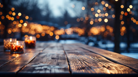 Winter xmas background with empty space on table top in front. Christmas horizontal blank scene. Wooden table top in front, blurred Christmas tree in the snow. Snowy sceneの素材