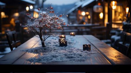 Winter xmas background with empty space on table top in front. Christmas horizontal blank scene. Wooden table top in front, blurred Christmas tree in the snow. Snowy sceneの素材