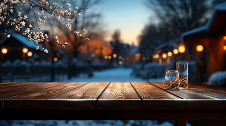Winter xmas background with empty space on table top in front. Christmas horizontal blank scene. Wooden table top in front, blurred Christmas tree in the snow. Snowy sceneの素材