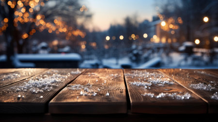 Winter xmas background with empty space on table top in front. Christmas horizontal blank scene. Wooden table top in front, blurred Christmas tree in the snow. Snowy sceneの素材