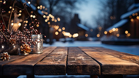 Winter xmas background with empty space on table top in front. Christmas horizontal blank scene. Wooden table top in front, blurred Christmas tree in the snow. Snowy sceneの素材