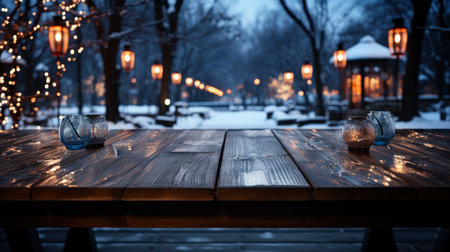 Winter xmas background with empty space on table top in front. Christmas horizontal blank scene. Wooden table top in front, blurred Christmas tree in the snow. Snowy sceneの素材