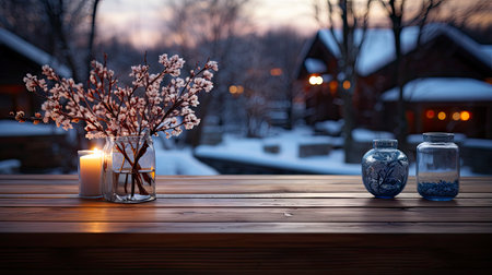 Winter xmas background with empty space on table top in front. Christmas horizontal blank scene. Wooden table top in front, blurred Christmas tree in the snow. Snowy sceneの素材