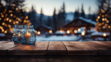 Winter xmas background with empty space on table top in front. Christmas horizontal blank scene. Wooden table top in front, blurred Christmas tree in the snow. Snowy sceneの素材