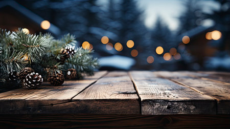3D podium display, Christmas tree background for product. Nature Christmas beige backdrop with wood stand. Wooden realistic showcase pedestalの素材
