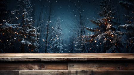 3D podium display, Christmas tree background for product. Nature Christmas beige backdrop with wood stand. Wooden realistic showcase pedestalの素材