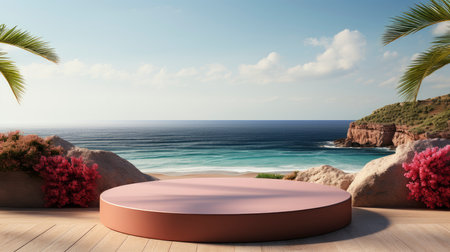 Minimalist luxury podium on a cliffside with a serene ocean view, under a clear sky with fluffy cloudsの素材