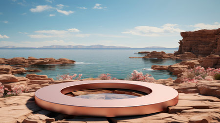 Minimalist luxury podium on a cliffside with a serene ocean view, under a clear sky with fluffy cloudsの素材