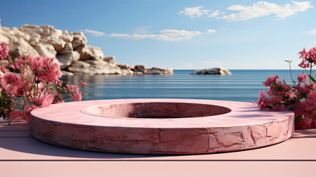 Minimalist luxury podium on a cliffside with a serene ocean view, under a clear sky with fluffy cloudsの素材