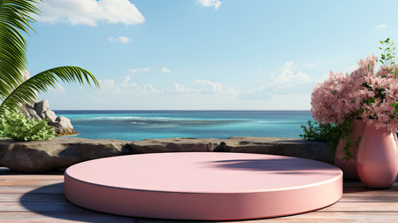 Minimalist luxury podium on a cliffside with a serene ocean view, under a clear sky with fluffy cloudsの素材