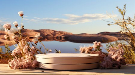 Minimalist luxury podium on a cliffside with a serene ocean view, under a clear sky with fluffy cloudsの素材