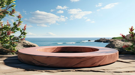 Minimalist luxury podium on a cliffside with a serene ocean view, under a clear sky with fluffy cloudsの素材