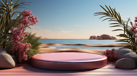 Minimalist luxury podium on a cliffside with a serene ocean view, under a clear sky with fluffy cloudsの素材