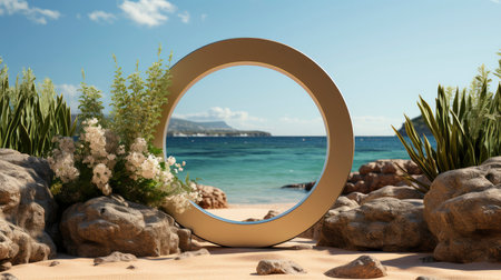 Minimalist luxury podium on a cliffside with a serene ocean view, under a clear sky with fluffy cloudsの素材