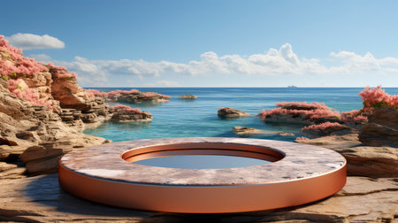 Minimalist luxury podium on a cliffside with a serene ocean view, under a clear sky with fluffy cloudsの素材