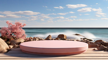 Minimalist luxury podium on a cliffside with a serene ocean view, under a clear sky with fluffy cloudsの素材