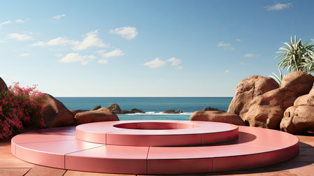 Minimalist luxury podium on a cliffside with a serene ocean view, under a clear sky with fluffy cloudsの素材