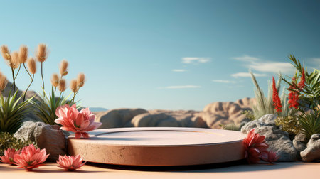 Desert oasis podium showcasing serene dunes, coastal backdrop, with natural elements and stones against a clear blue skyの素材