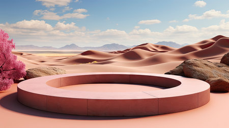 Desert oasis podium showcasing serene dunes, coastal backdrop, with natural elements and stones against a clear blue skyの素材