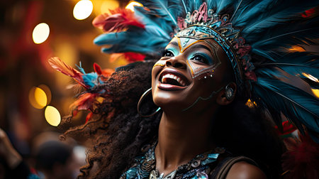 A radiant carnival queen with a feathered headdress and joyous expression amidst a festive backdropの素材