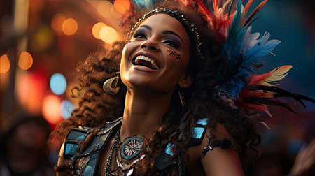 A radiant carnival queen with a feathered headdress and joyous expression amidst a festive backdropの素材