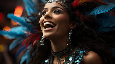 A radiant carnival queen with a feathered headdress and joyous expression amidst a festive backdropの素材