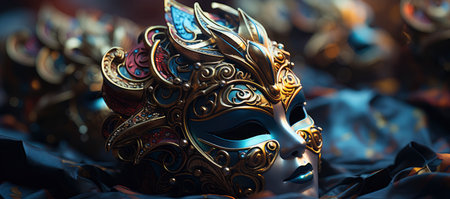 Elegant Venetian masks in golden hues with intricate details, creating a mysterious and opulent ambianceの素材