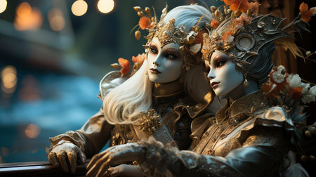 Elegant Venetian masks in golden hues with intricate details, creating a mysterious and opulent ambianceの素材