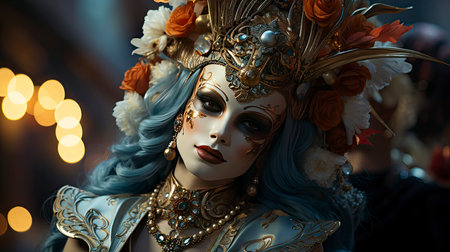 Elegant Venetian masks in golden hues with intricate details, creating a mysterious and opulent ambianceの素材
