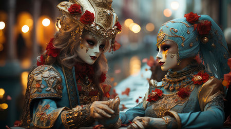 Elegant Venetian masks in golden hues with intricate details, creating a mysterious and opulent ambianceの素材