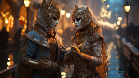 Elegant Venetian masks in golden hues with intricate details, creating a mysterious and opulent ambianceの素材