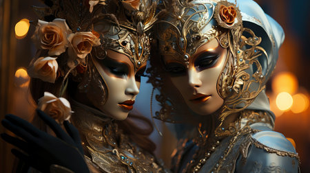 Elegant Venetian masks in golden hues with intricate details, creating a mysterious and opulent ambianceの素材