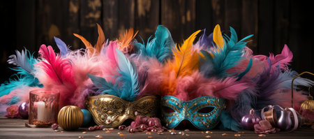 A collection of colorful Venetian masks and golden goblets, evoking a festive and mysterious masquerade ambianceの素材