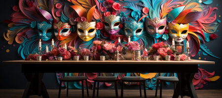 A collection of colorful Venetian masks and golden goblets, evoking a festive and mysterious masquerade ambianceの素材