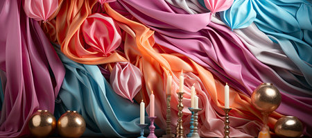 A collection of colorful Venetian masks and golden goblets, evoking a festive and mysterious masquerade ambianceの素材