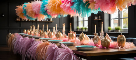 A collection of colorful Venetian masks and golden goblets, evoking a festive and mysterious masquerade ambianceの素材