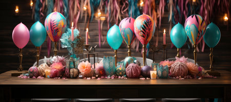 A collection of colorful Venetian masks and golden goblets, evoking a festive and mysterious masquerade ambianceの素材