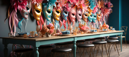 A collection of colorful Venetian masks and golden goblets, evoking a festive and mysterious masquerade ambianceの素材