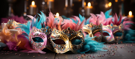A collection of colorful Venetian masks and golden goblets, evoking a festive and mysterious masquerade ambianceの素材