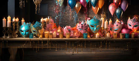 A collection of colorful Venetian masks and golden goblets, evoking a festive and mysterious masquerade ambianceの素材