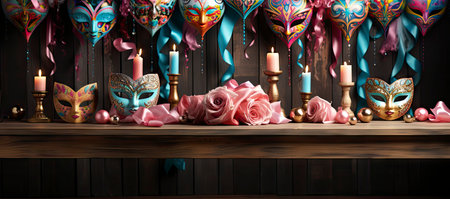 A collection of colorful Venetian masks and golden goblets, evoking a festive and mysterious masquerade ambianceの素材