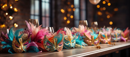 A collection of colorful Venetian masks and golden goblets, evoking a festive and mysterious masquerade ambianceの素材