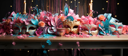 A collection of colorful Venetian masks and golden goblets, evoking a festive and mysterious masquerade ambianceの素材
