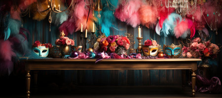 A collection of colorful Venetian masks and golden goblets, evoking a festive and mysterious masquerade ambianceの素材